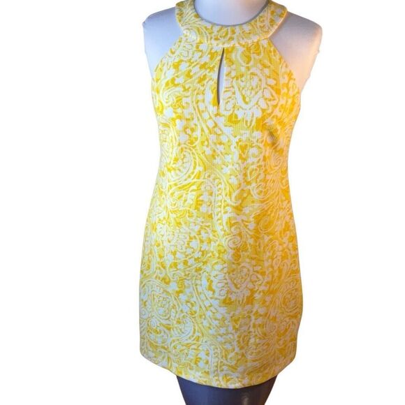 Vince Camuto Keyhole Halter Neckline Yellow Shiftdress, 10. Summer Yellow Paisle - Picture 4 of 12